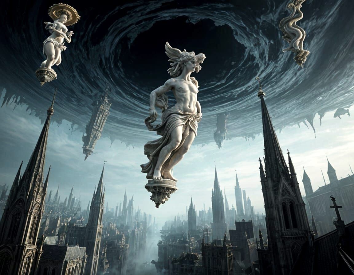 Surreal Dreamscape With Floating Statues And Gothic Cityscap...