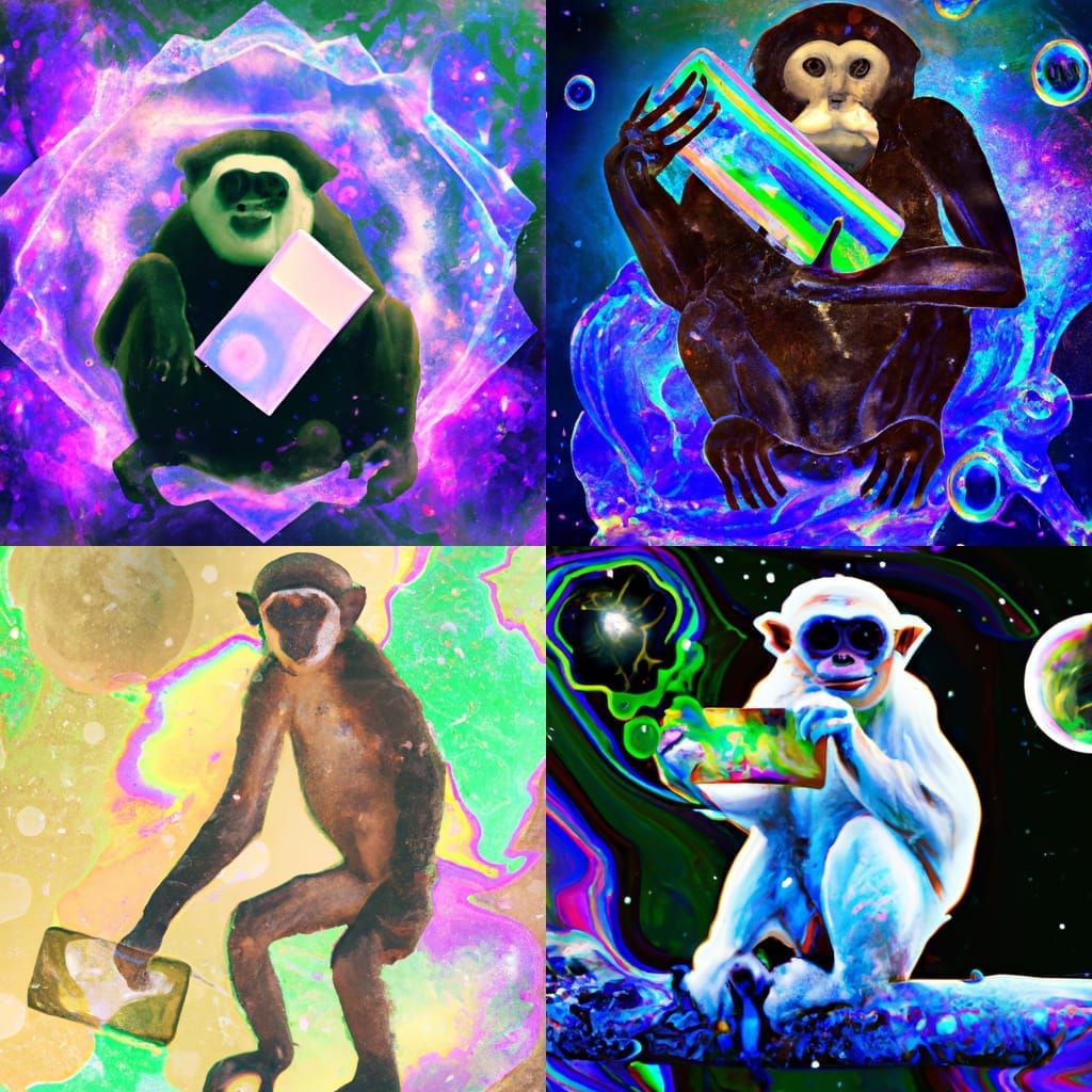 Gibbon Monkey with Soap: Cosmic Holographic Illustration