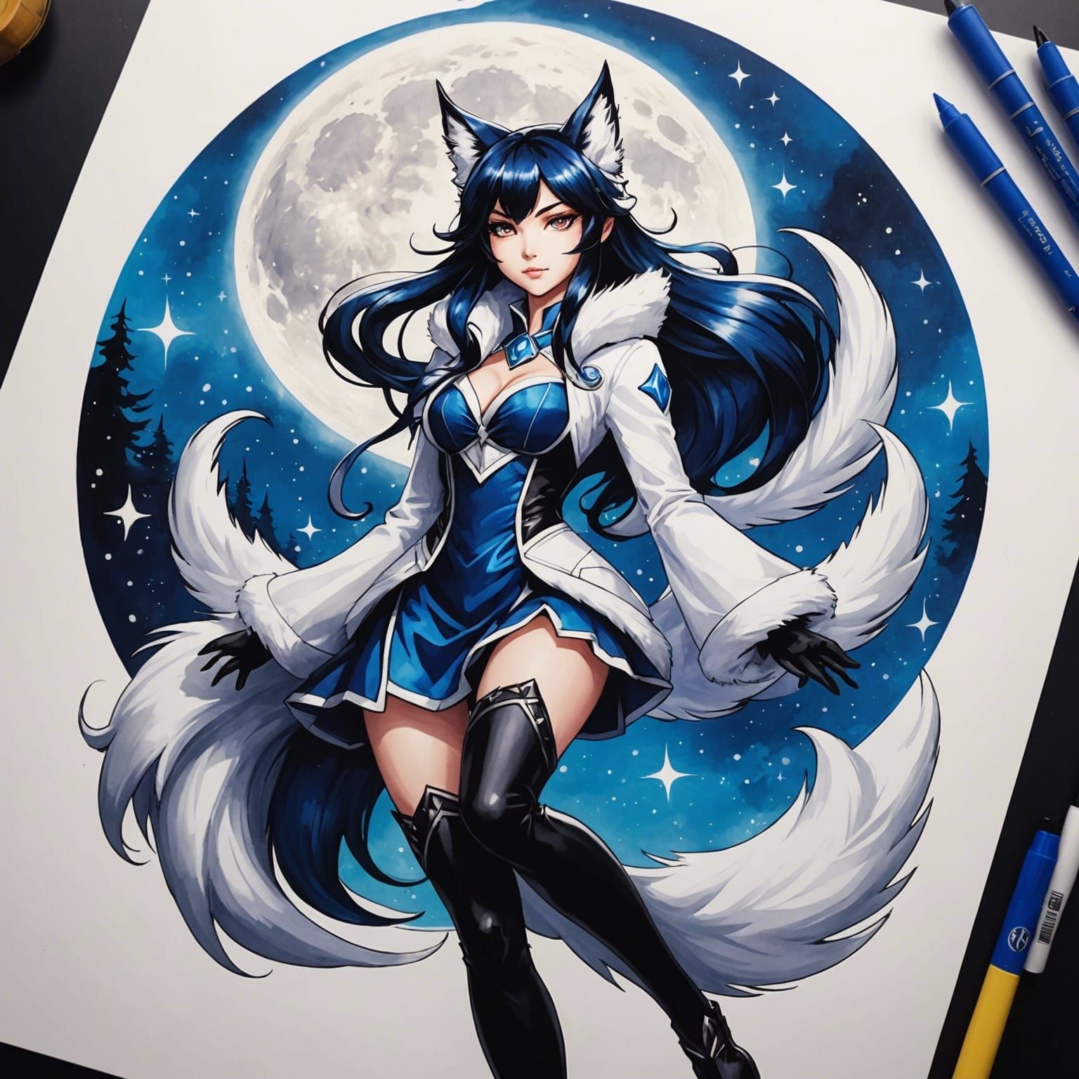 Ink artwork of Snow Moon Ahri from League of Legends