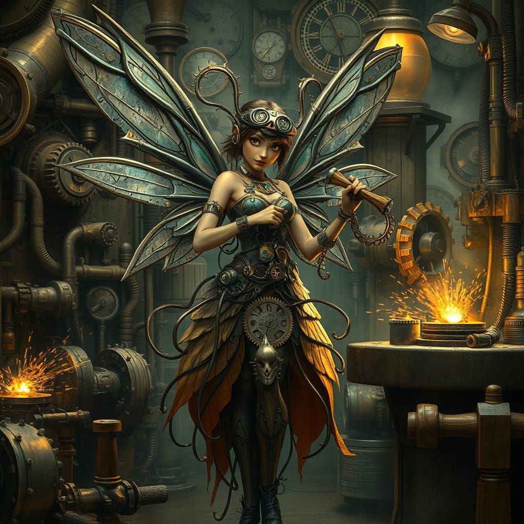 Steampunk Mechanic Fairy in Gritty Workshop
