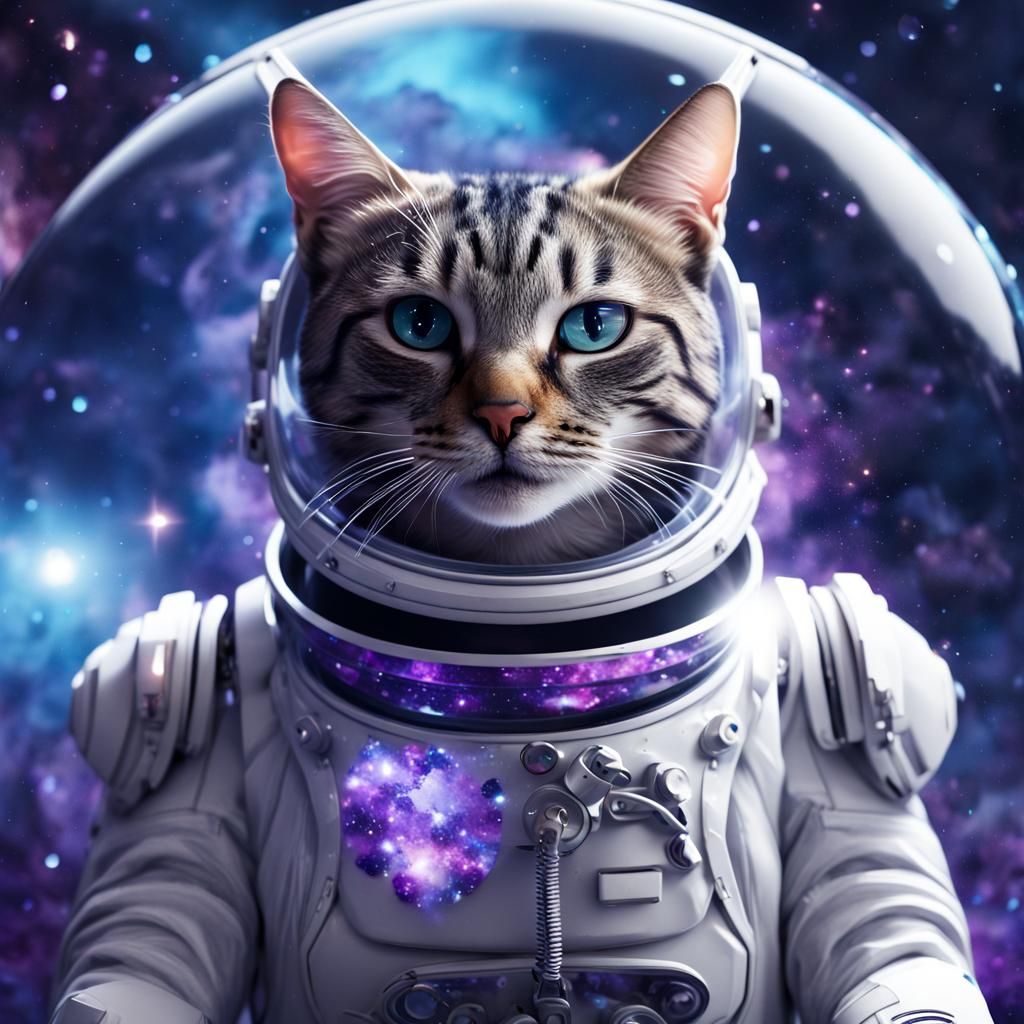 Tabby Cat in Spacesuit Among Stars