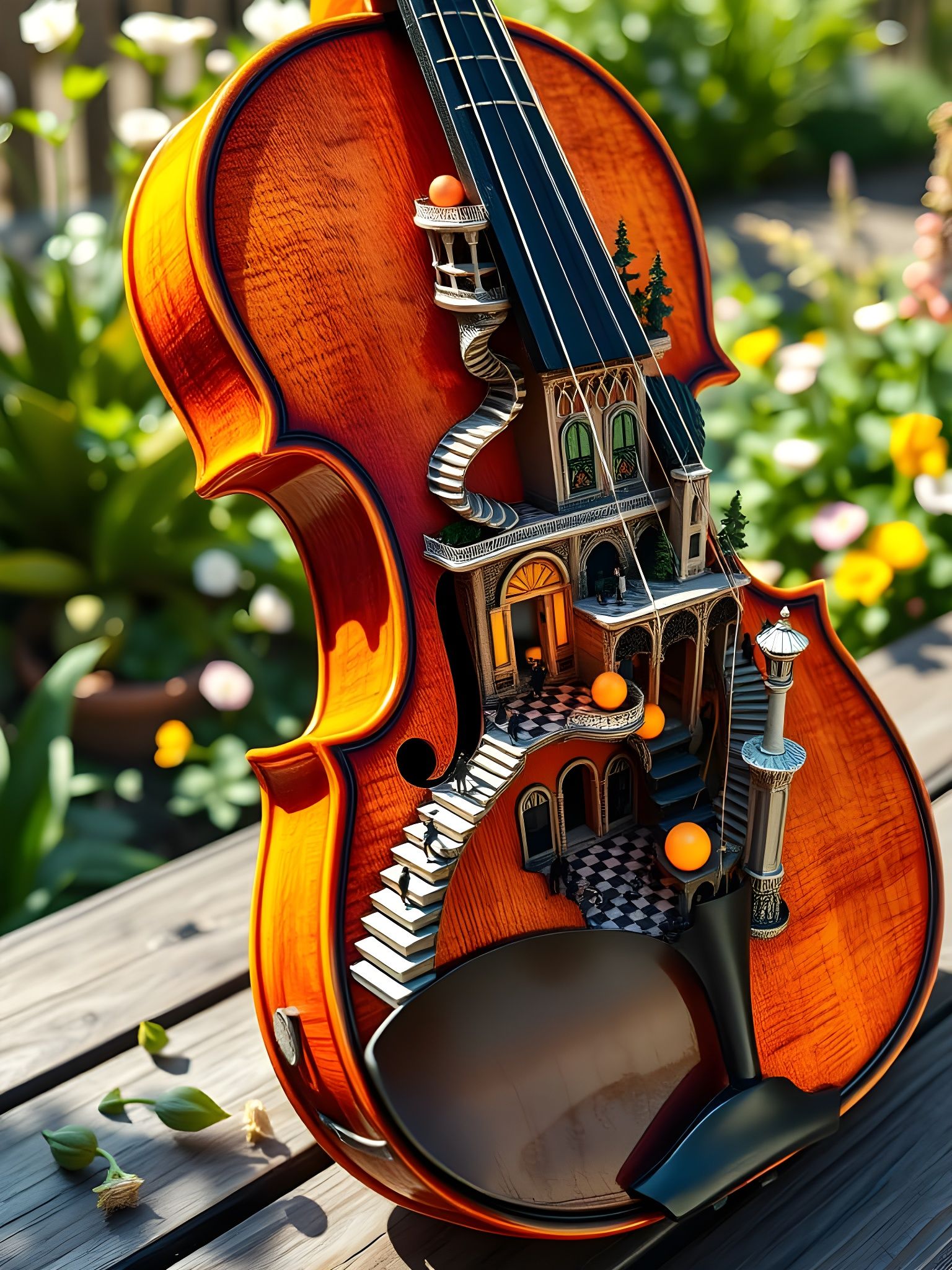 Glowing Amber Varnish of a Violin in Spring Garden