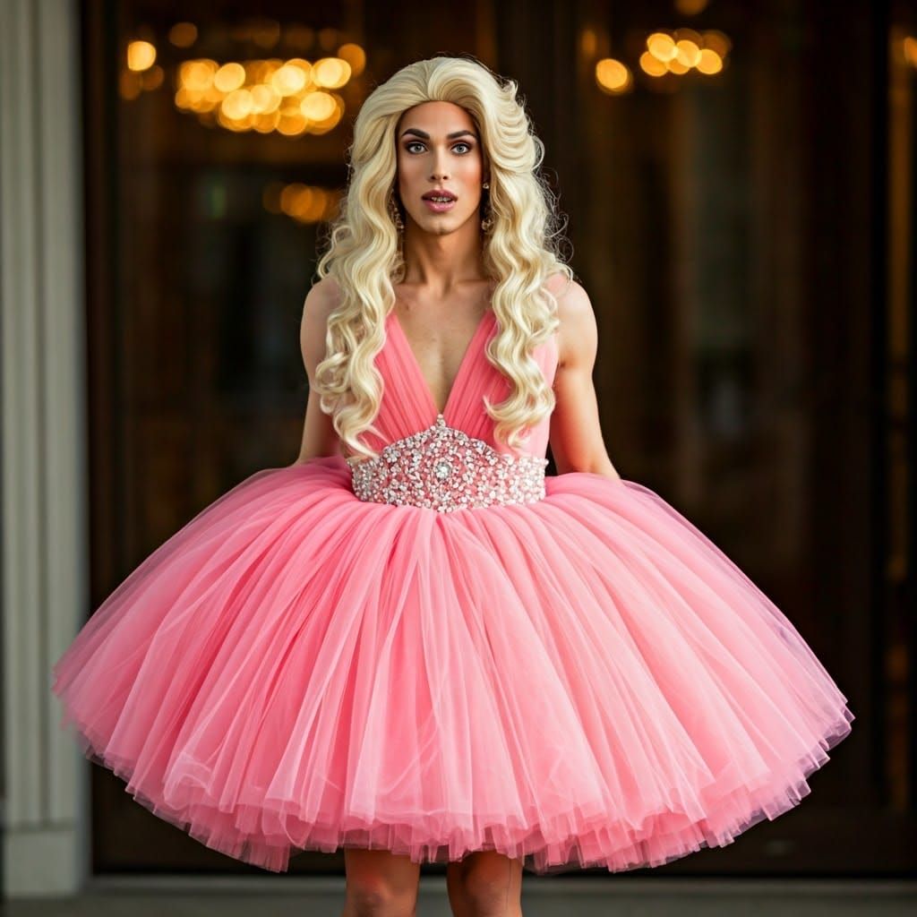 Dapper Young Man in Tulle Prom Dress, Surprised by Reflectio...