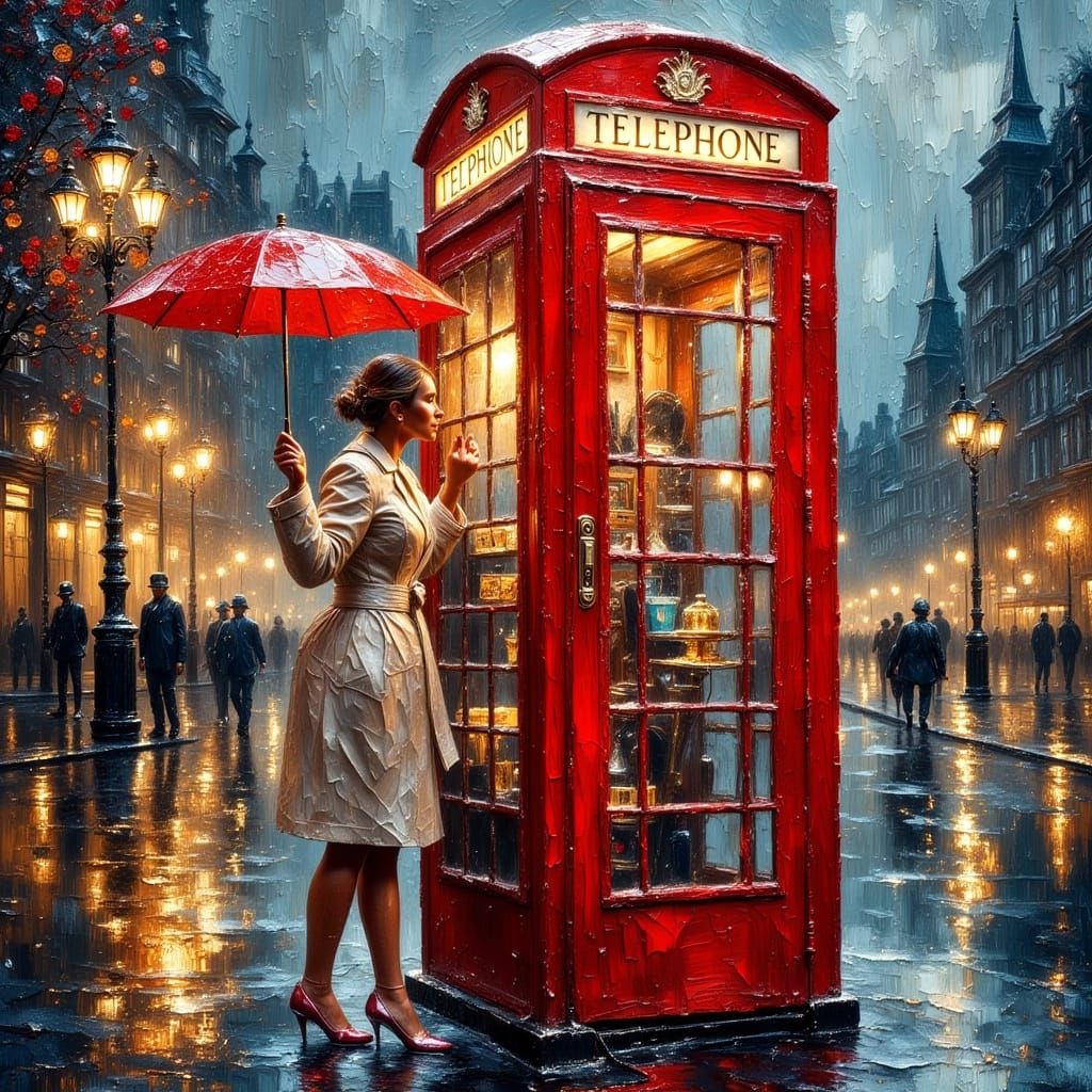Woman with Red Umbrella in London Rain