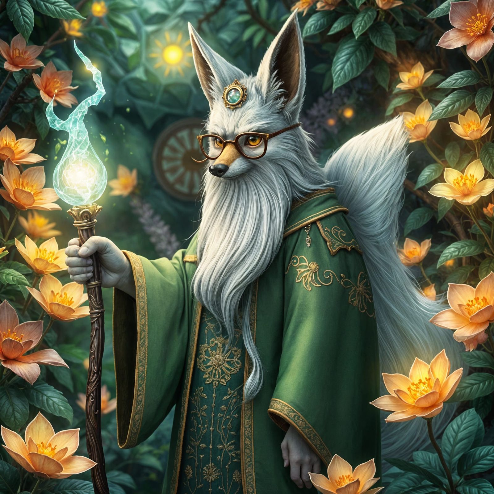 Sunsage Wizard in a Lush Solar Garden