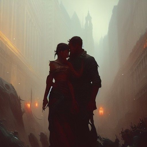 Passionate Kiss in Dark Fantasy Art Nouveau Style