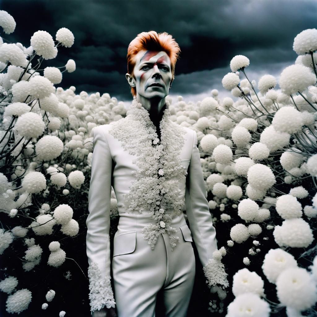 Haunting  infrared photo of a pale David Bowie as Ziggy Stardust age 25 surrounded by ghost white flowers under a stormy...