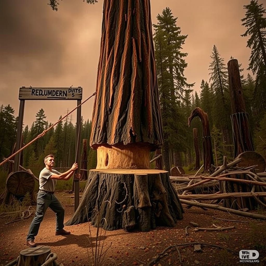 Redwood Lumberjack in Dystopian Landscape