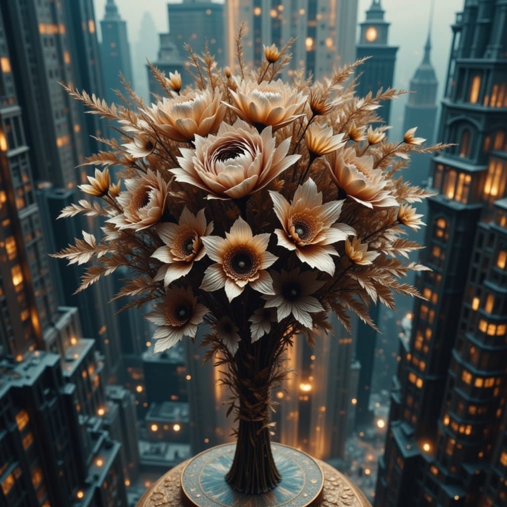 Metallic Flowers on Skyscraper in Dreamweaver Style