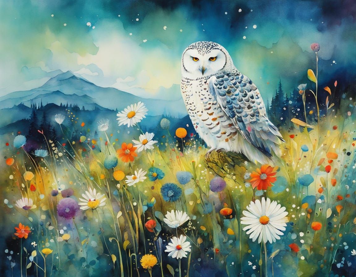 Whimsical Winter Night Scene with a Majestic Snowy Owl