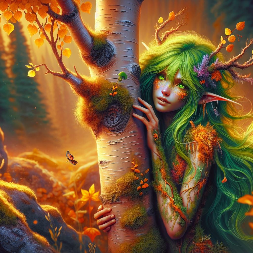 Satyr Girl Embracing Autumn Aspen: Matte Painting