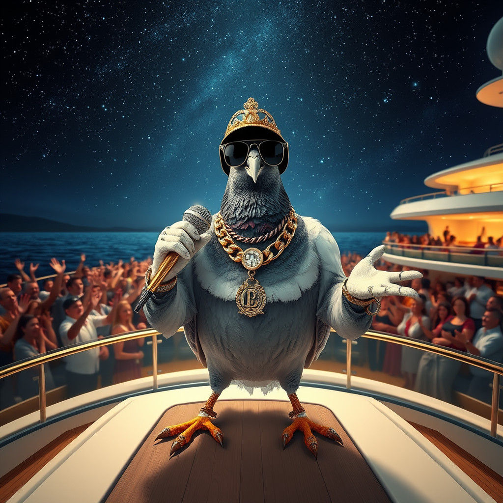 Pigeon Rapper on Yacht Stage, Digital Art
