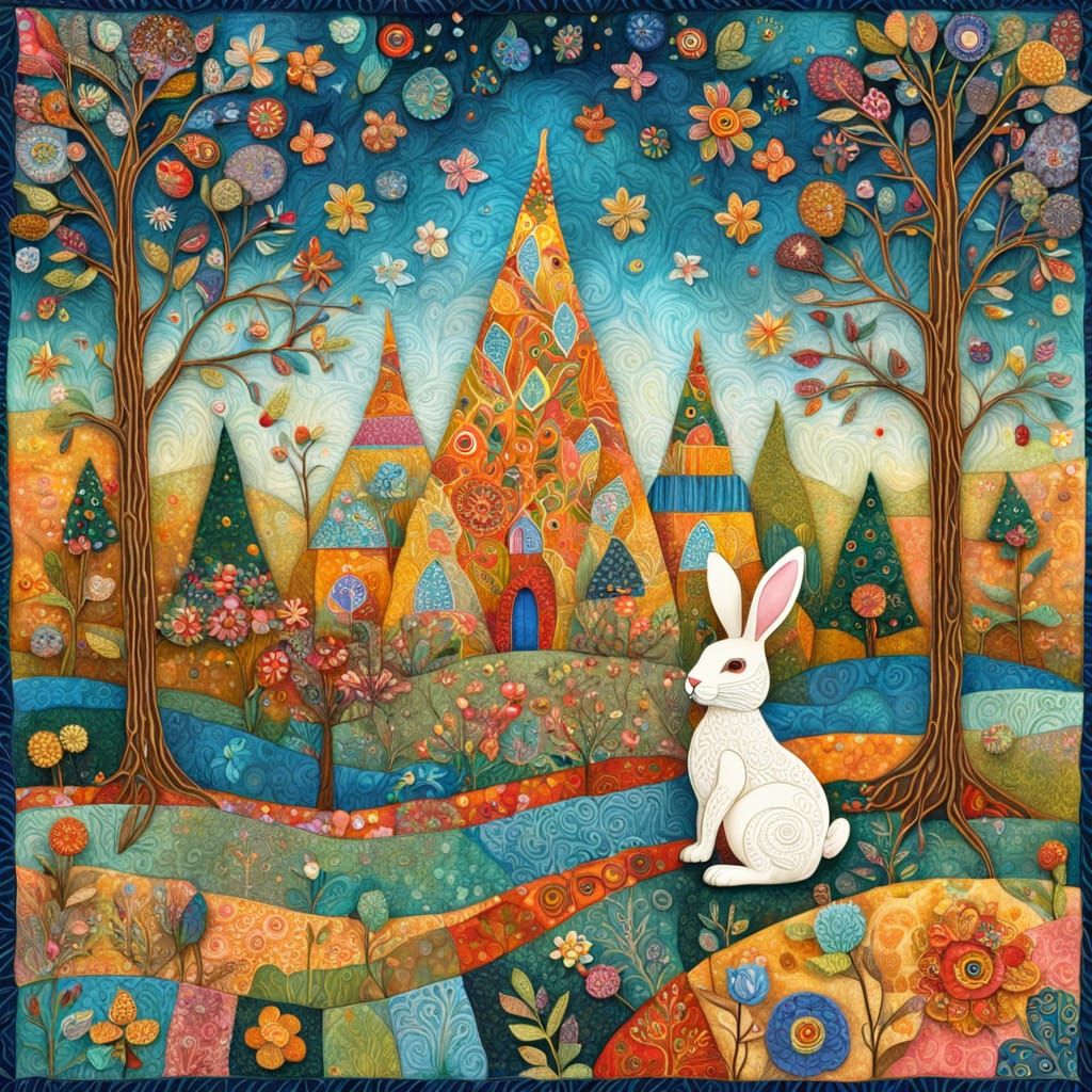 Whimsical Naive Art Masterpiece with Bunny and Intricate Tre...