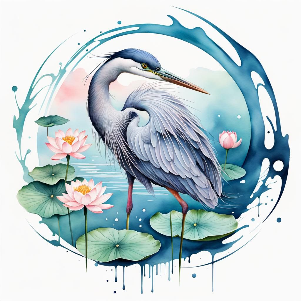 Lotus, Heron, Bonsai in Modern Ink Fusion Style