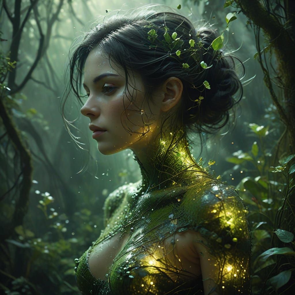 Transparent Glass Woman in Dreamy Bokeh Background with Lush...