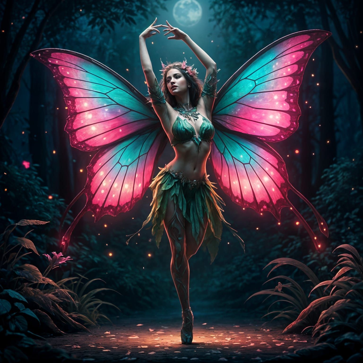 Whimsical Fairy Dances Under Starry Night Sky