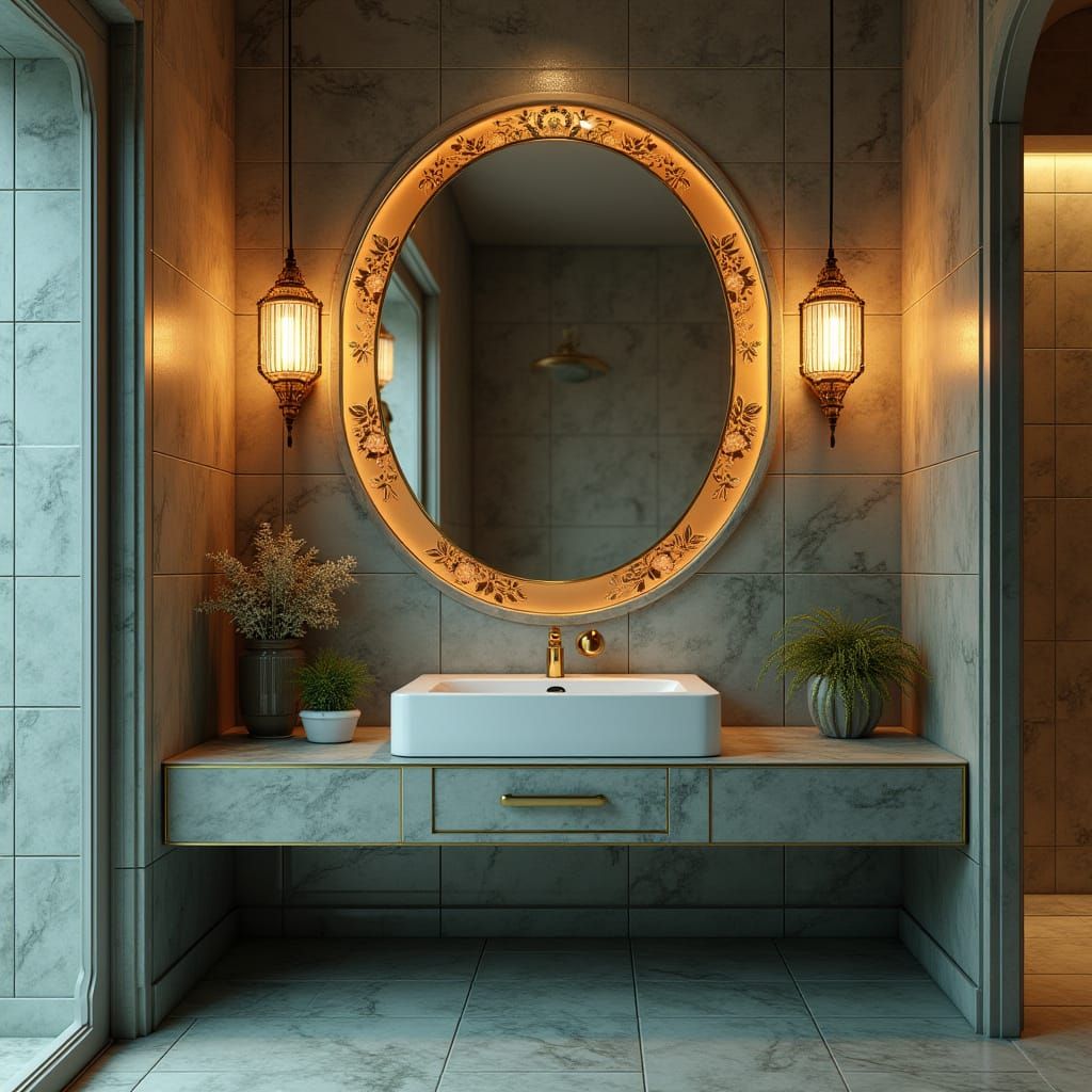 Art Deco Bathroom Mirror with Geometric Tiles
