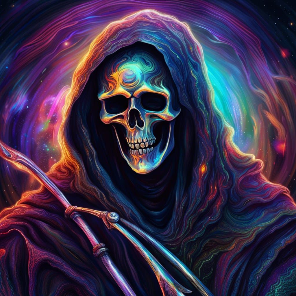Grim Reaper with Smiling Face, Holographic Illustration