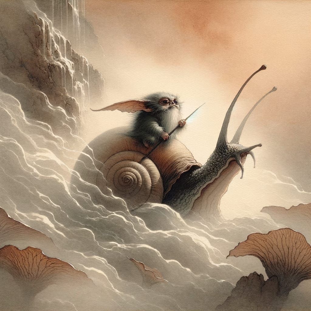 Gremlin Rides Snail in Ukiyo-e Dreamscape