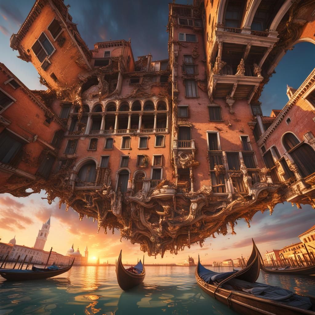 A view of Venice, Italy, flipped upside down during a sunset