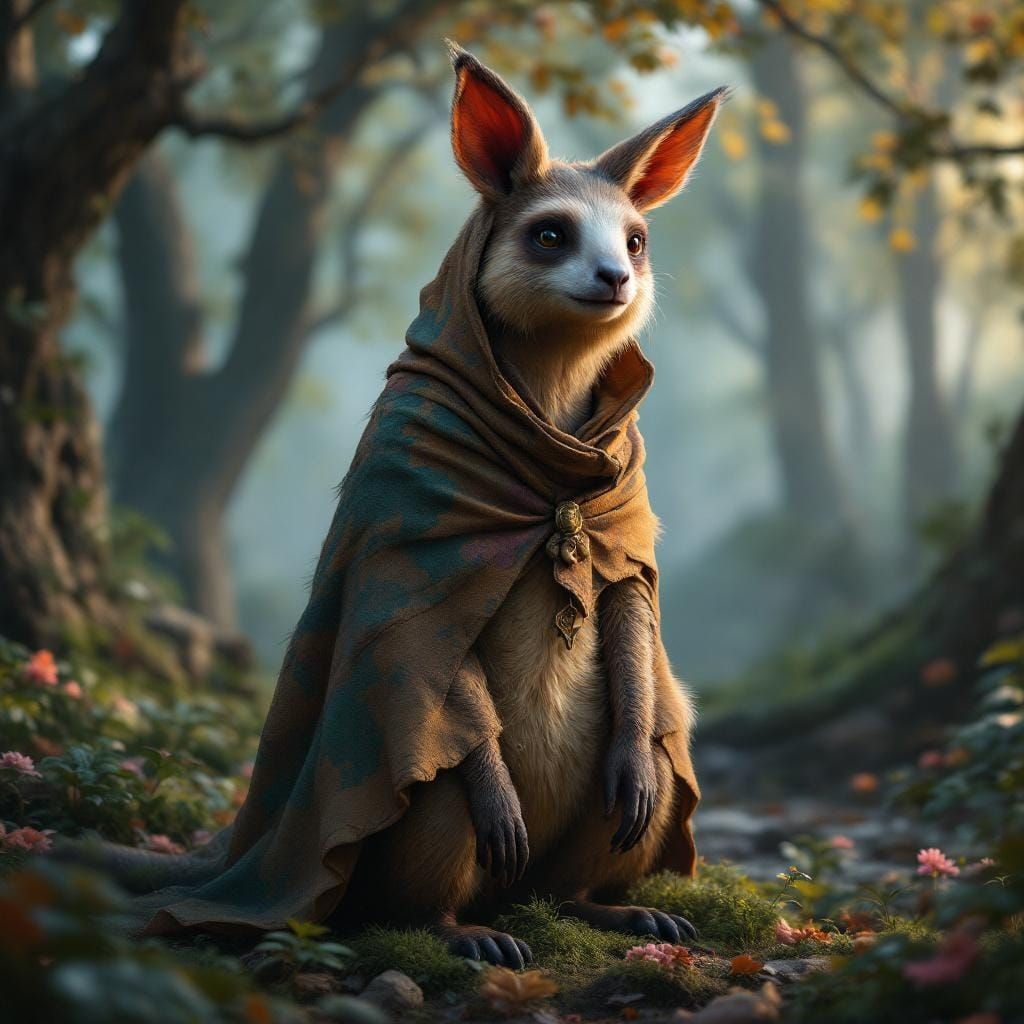 Human-Sloth-Kangaroo Hybrid in Mystical Forest