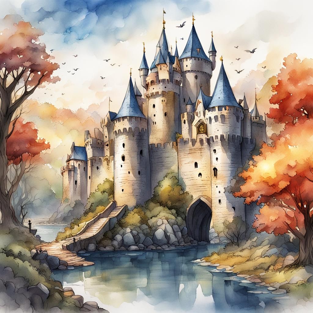 Watercolor Castle Illustration in Children's Book Style