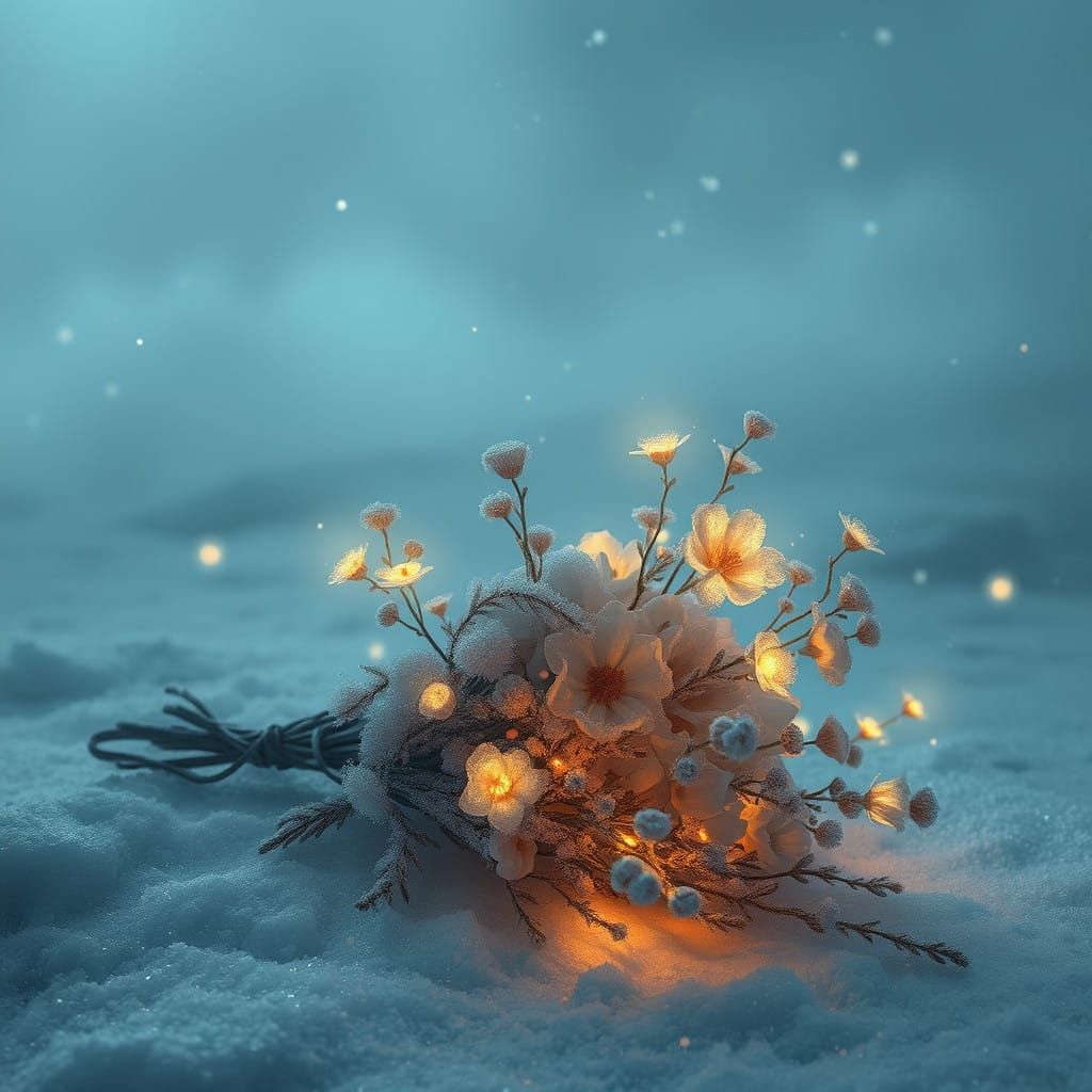 Mystical Bouquet of Frost-Covered Flowers in Ancient, Frozen...