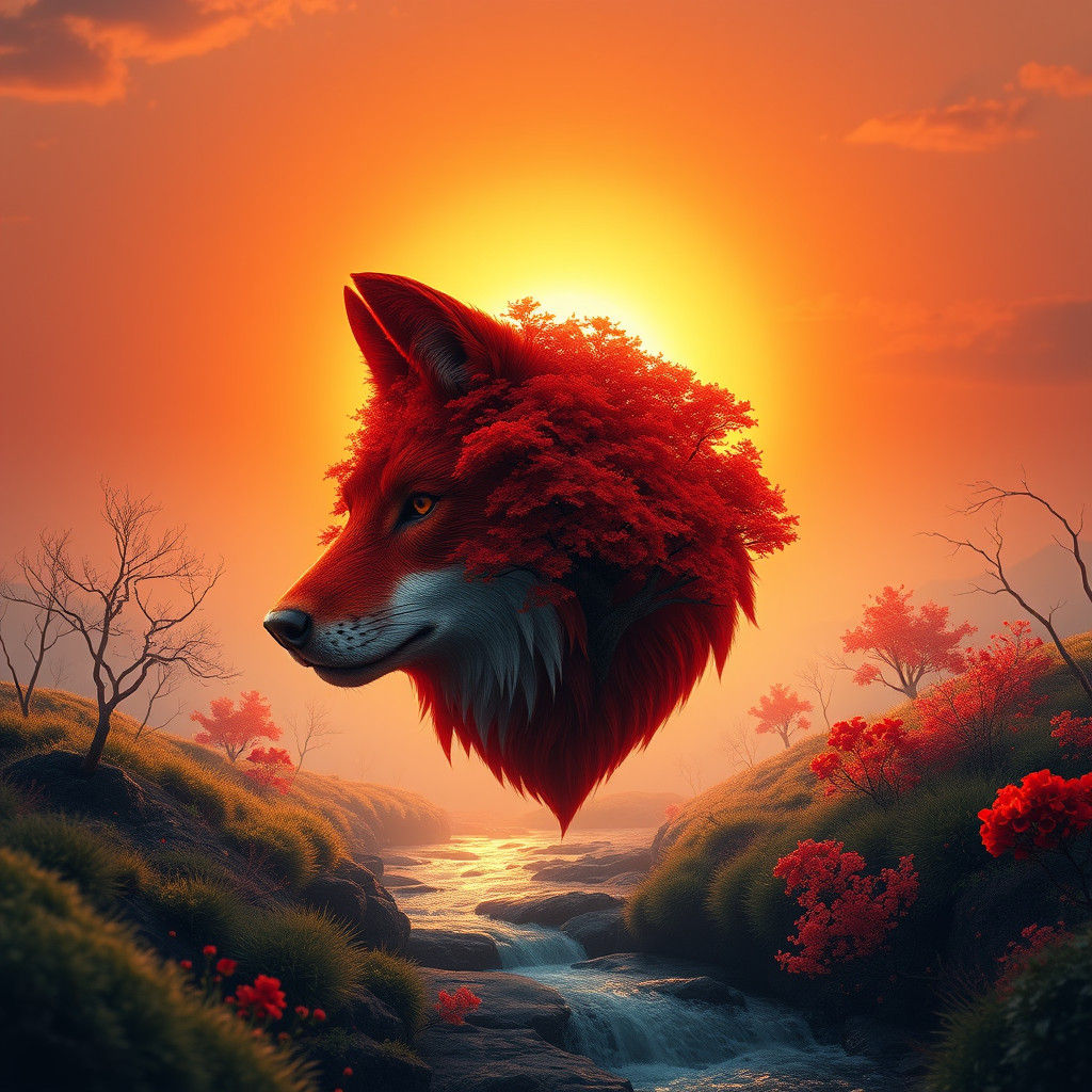 Surreal Autumn Wolf Forest at Sunset