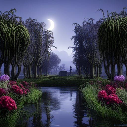 Bayou Ghosts Under Crescent Moon: Detailed Matte Painting