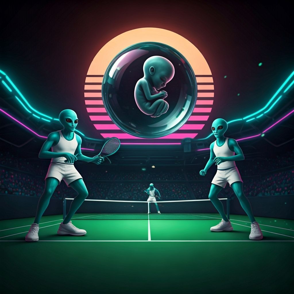 Aliens Playing Tennis with Fetus Ball in Retro-Futuristic St...