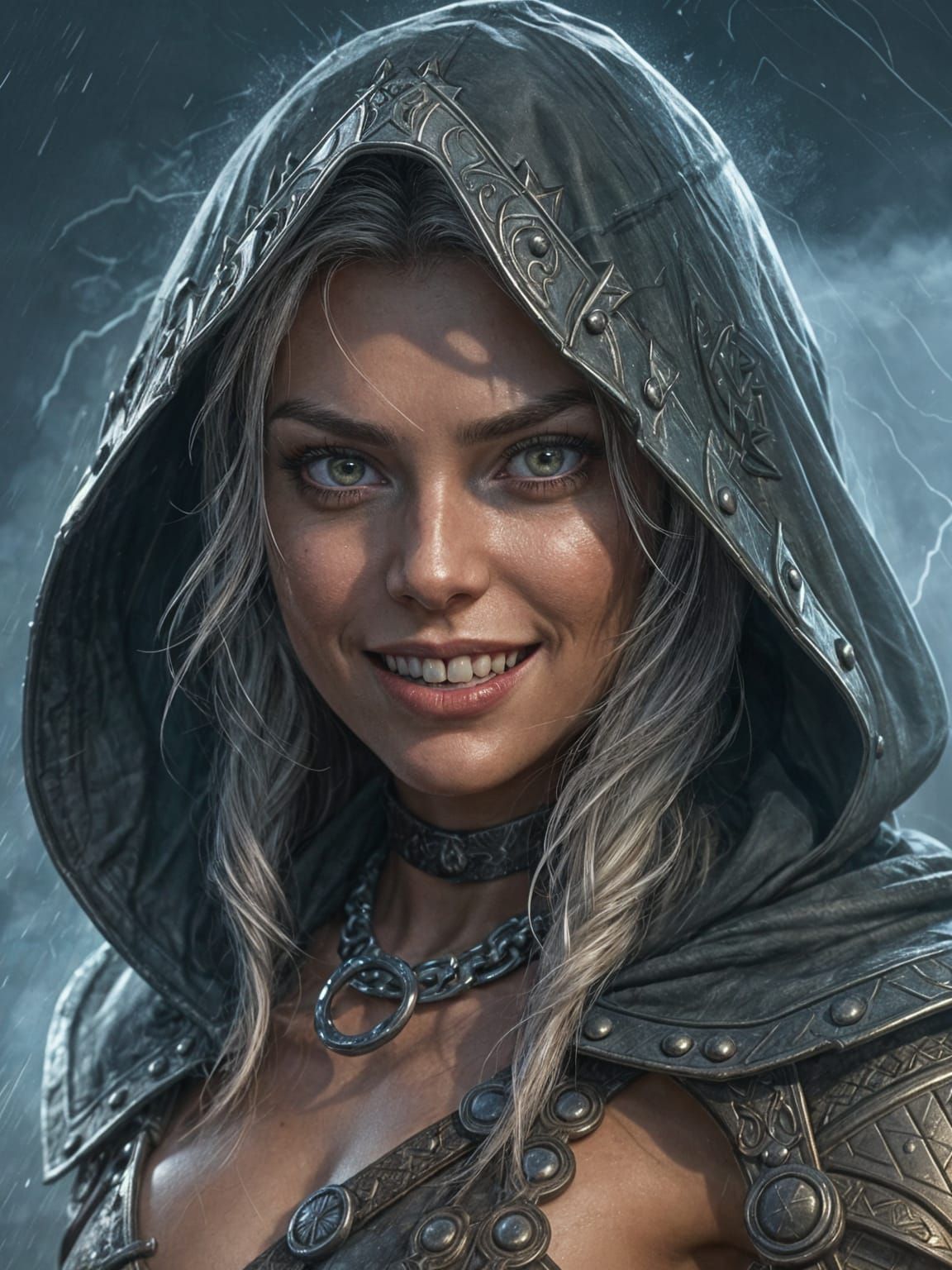 Hooded Warrior Woman Faces the Storm