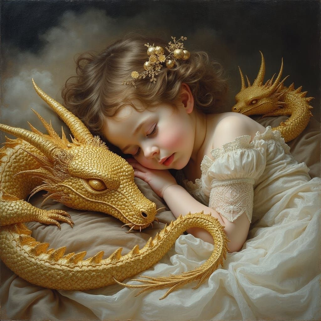 Girl Sleeping with Beaded Dragons: Dreamlike Oil Painting