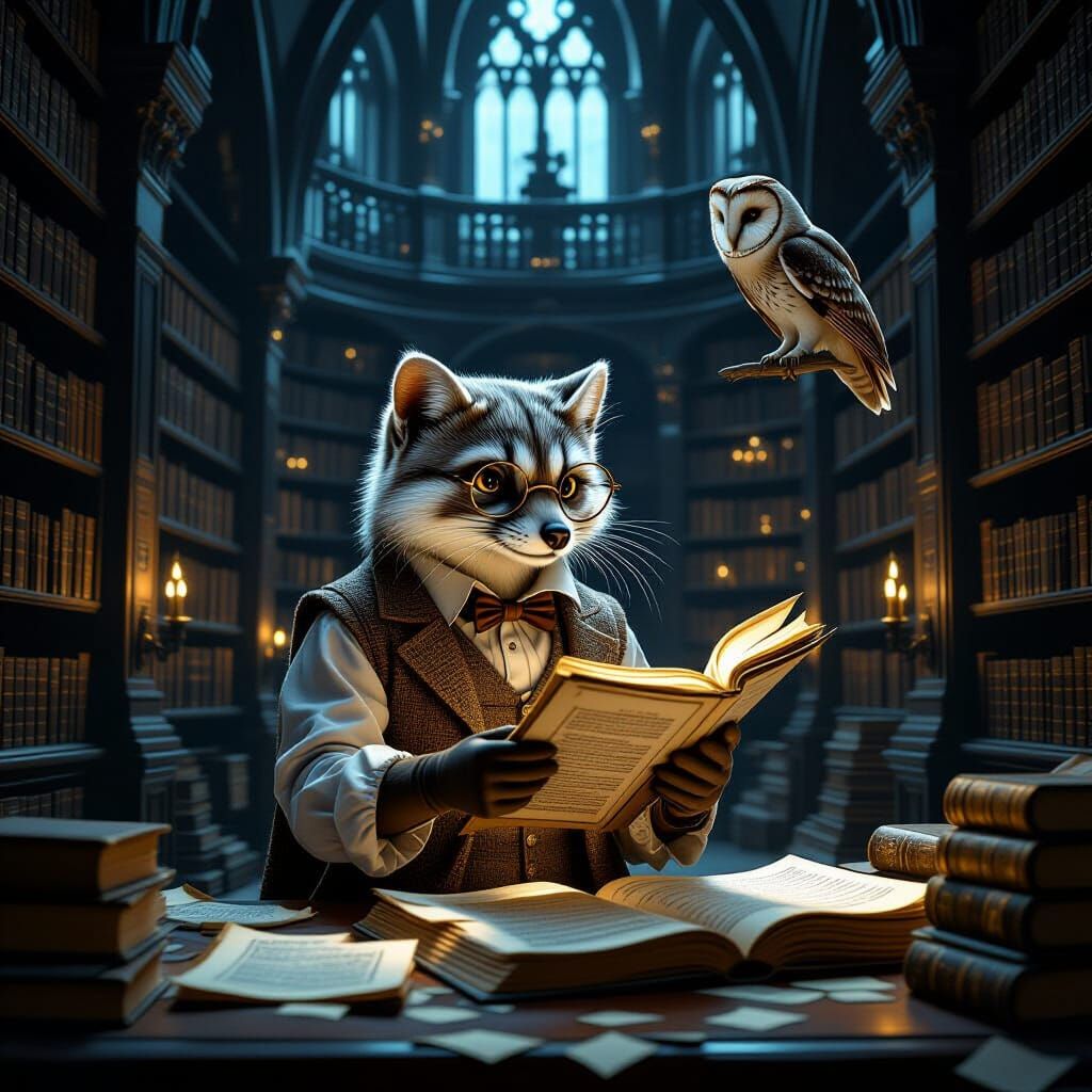 Weasel Librarian Organizing Glowing Scrolls in Gothic Librar...
