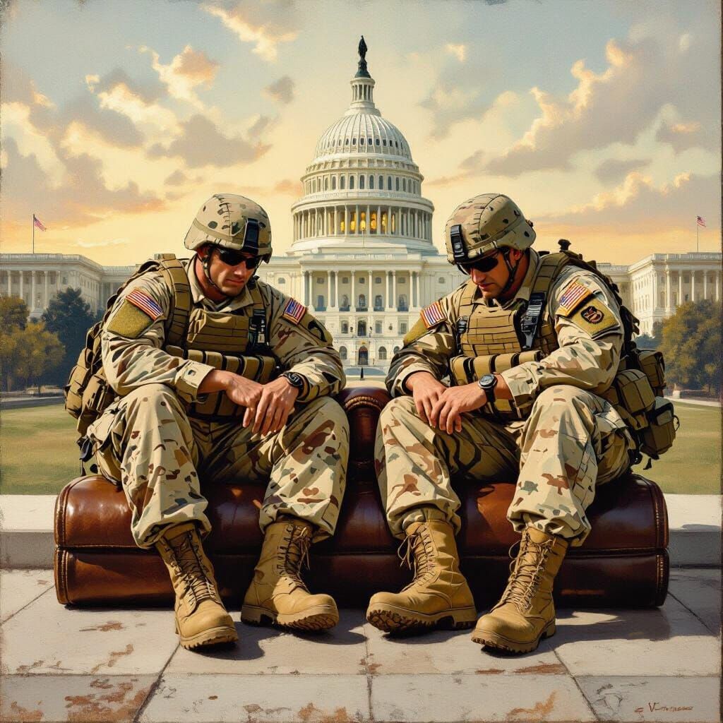 Soldiers Resting on Constitution, Rockwell-Style Illustratio...