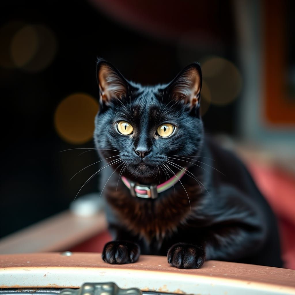 Black Cat Portrait on Boat in DSLR Style