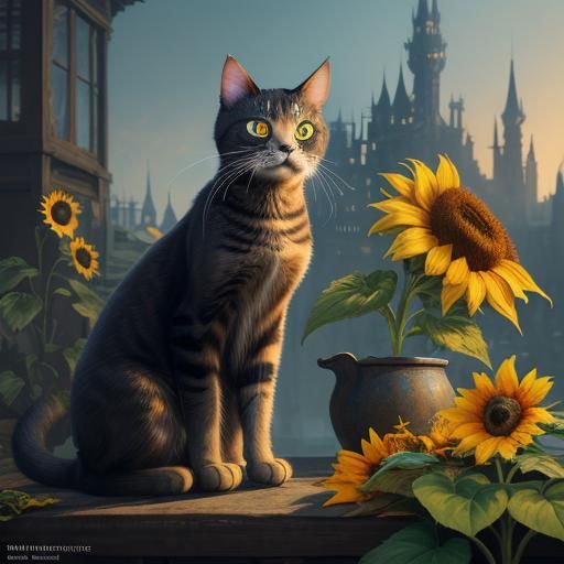 Whimsical Cat Surrounded by Vibrant Sunflowers in a Fantasti...