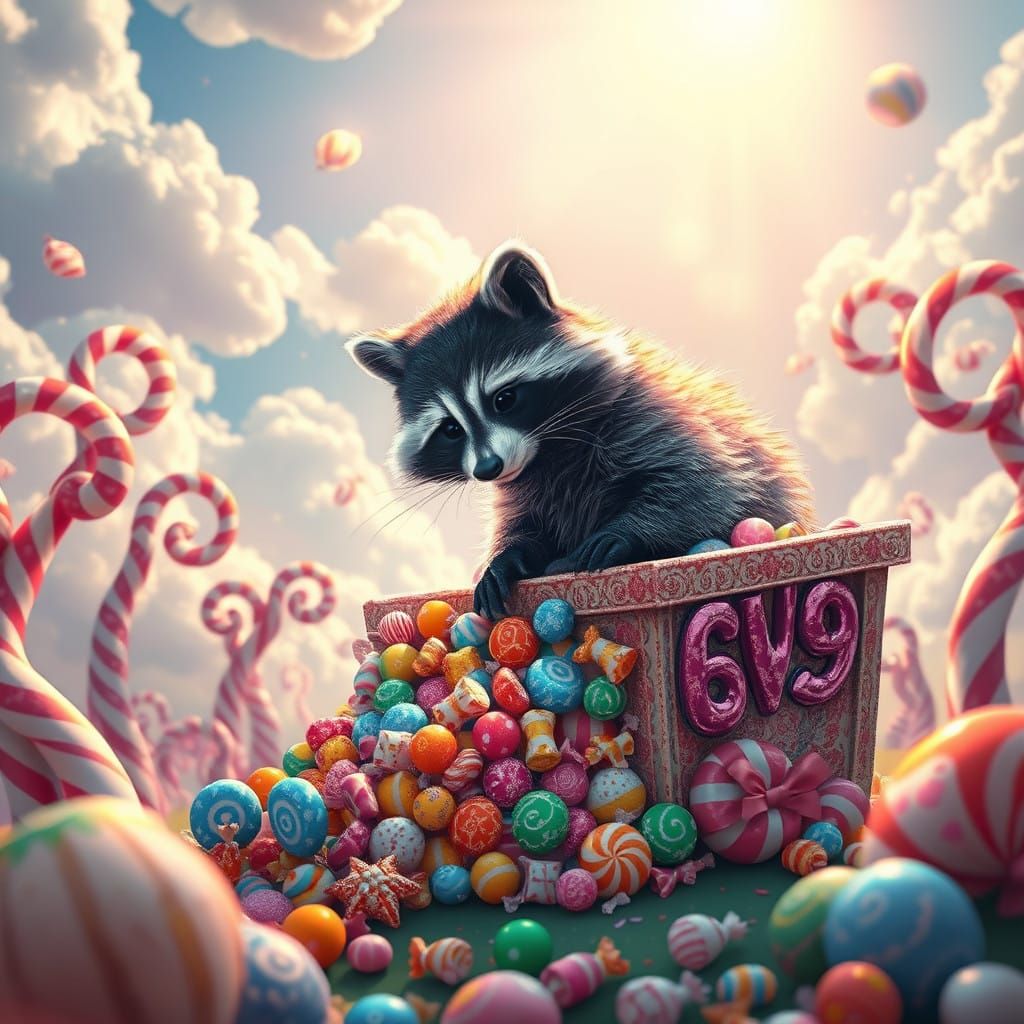 Whimsical Raccoon in Vibrant Heaven Rummages Through Candy C...