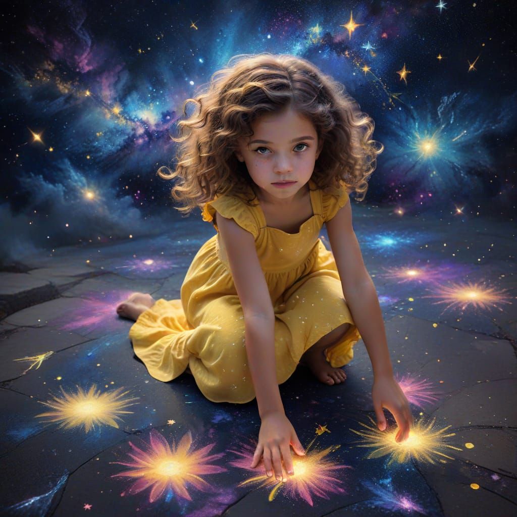 Girl's Cosmic Chalk Art Unfolds Under Starry Night Sky
