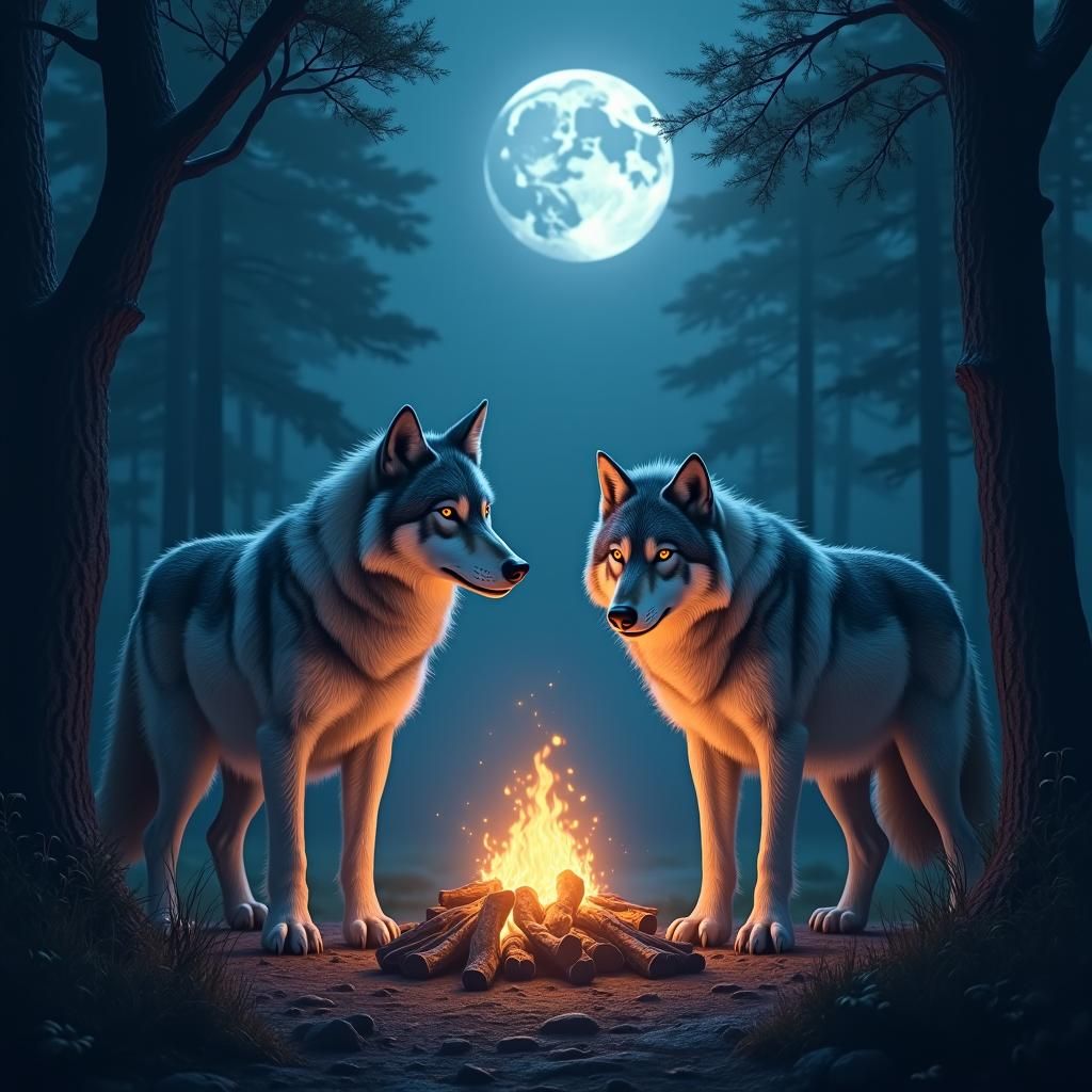 Mystical Wolves Gather Under Moonlight