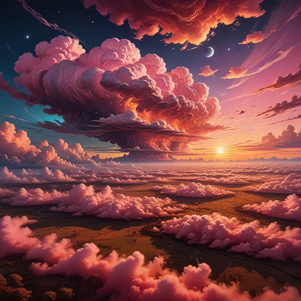 Dreamlike Cosmic Sunset Illustration in Mixed Media