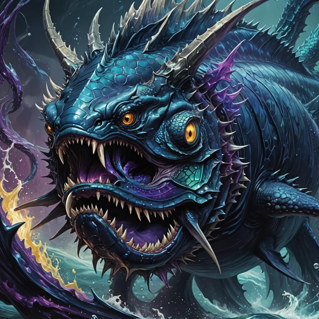 Cyberpunk-Style Leviathan Fish Dominating Dark Ocean Depths