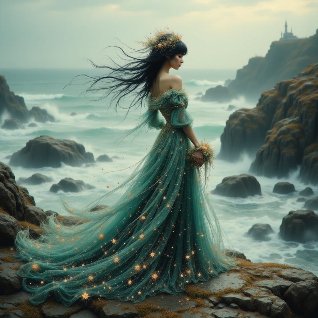 Elegant Woman on Rocky Coast in Art Nouveau Style