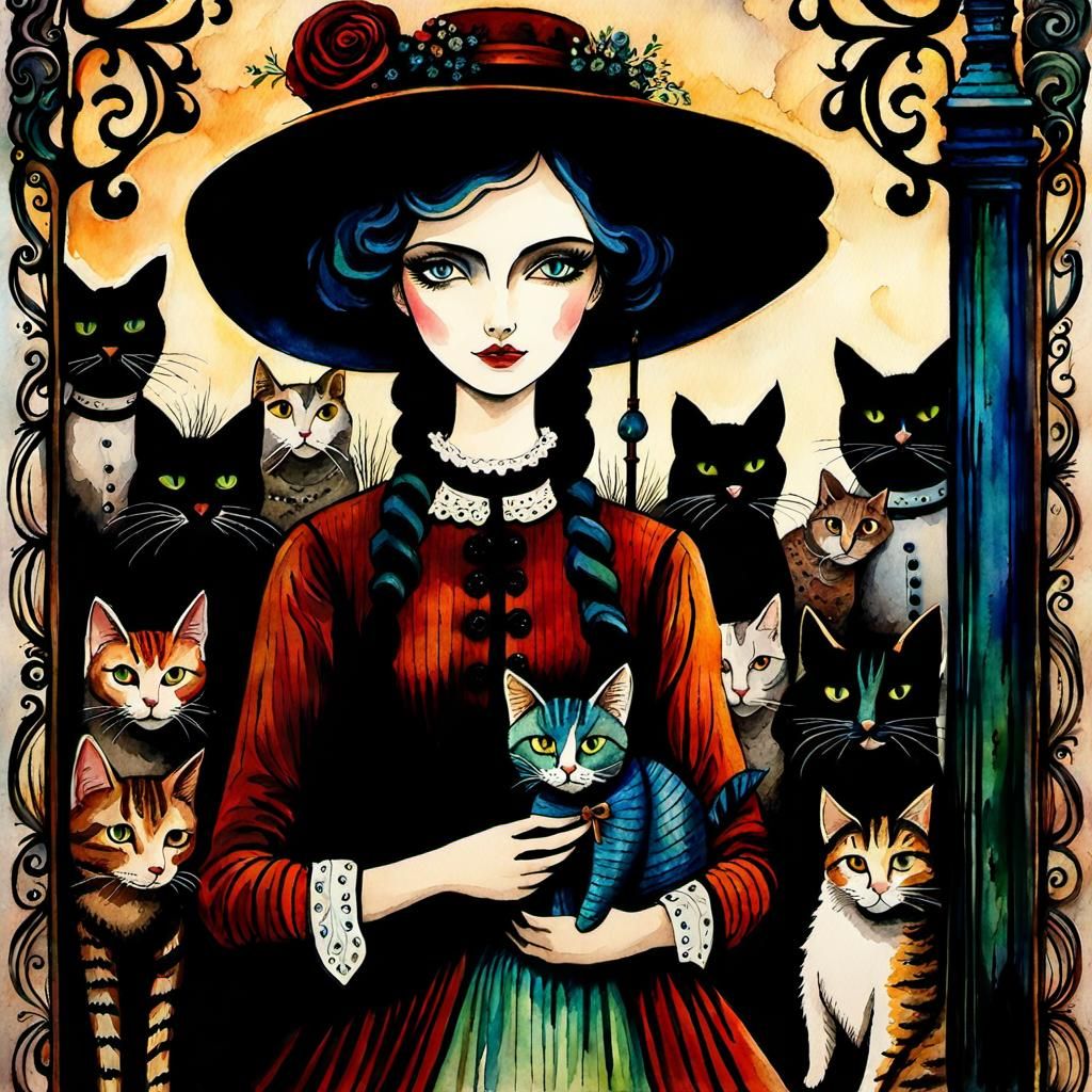 Shepherdess Herding Cats in Tim Burton Watercolor Style