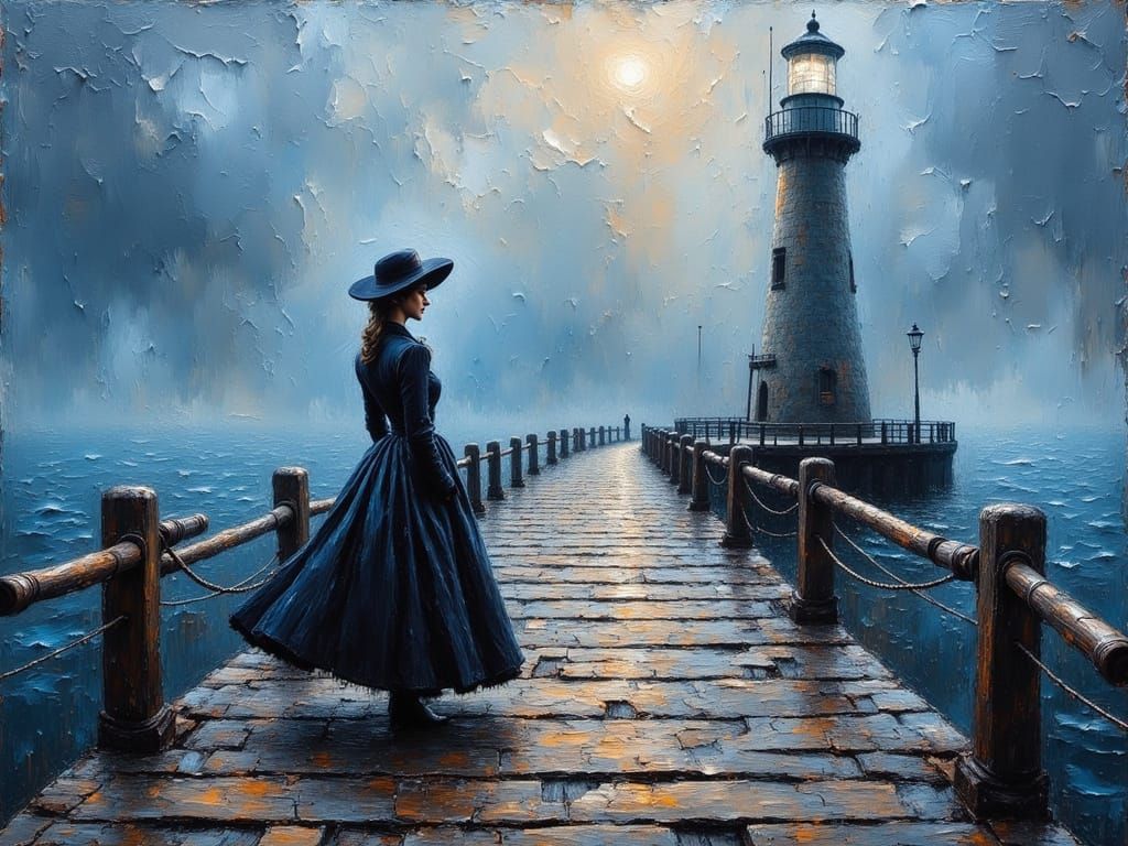 Victorian Woman at Lighthouse: Impasto Oil Painting