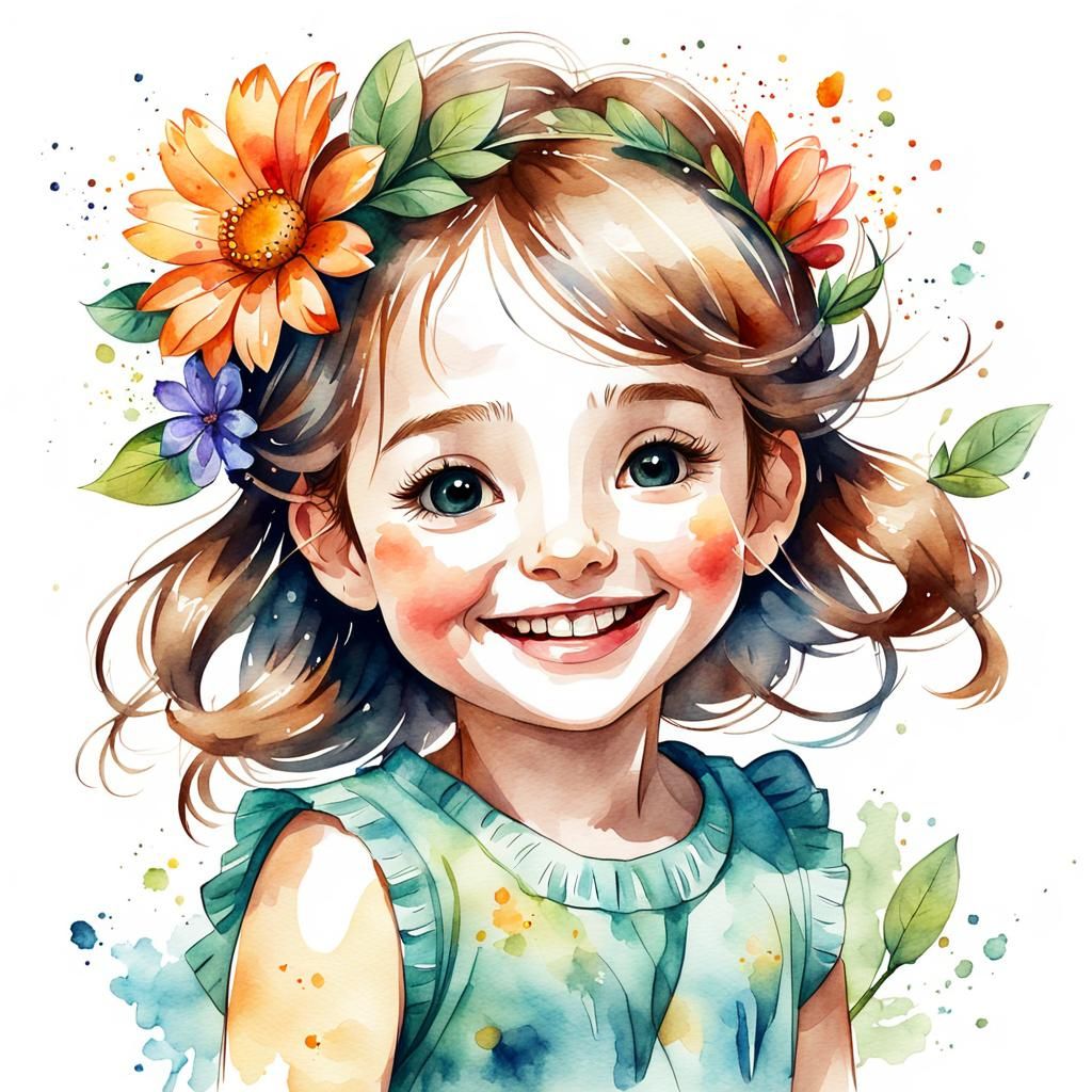 Joyful Girl with Flower, Digital Watercolor Cartoon