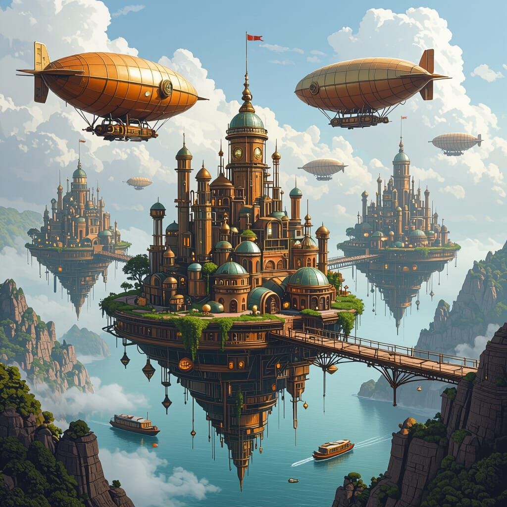 Steampunk Island Cities Connected by Bridges with Dirigibles