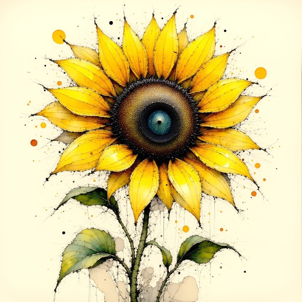 Whimsical Sunflower with Ink Lines Illustration