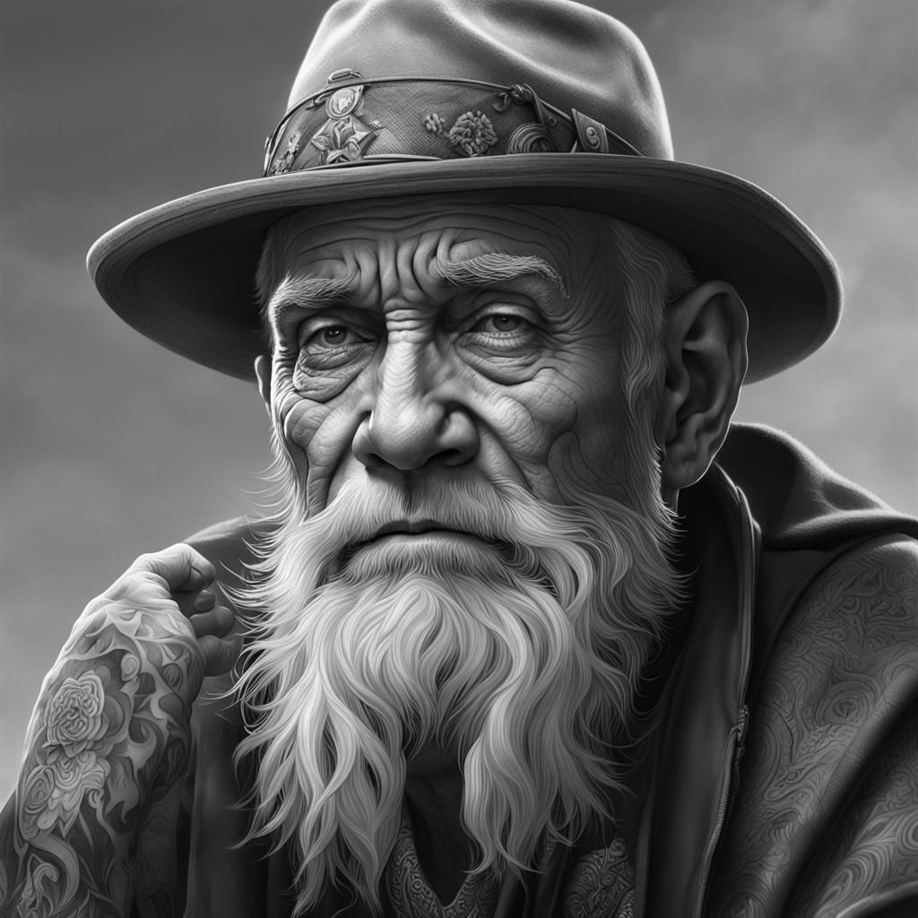 Intricate Portrait of Tattooed Man in Grayscale