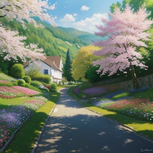 Impressionist Village Blooms in Springtime Serenity