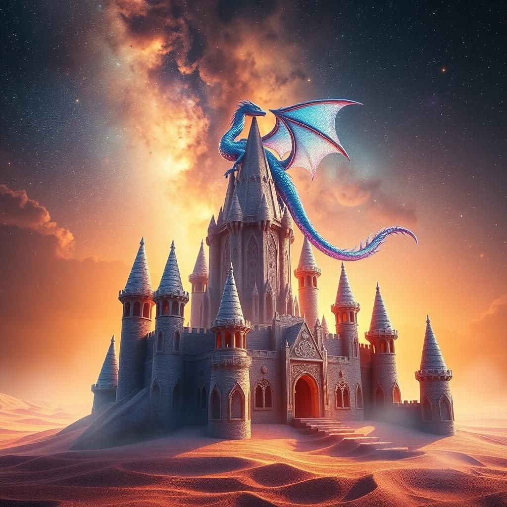 Cosmic Sandcastle with Dragon, Digital Matte Painting